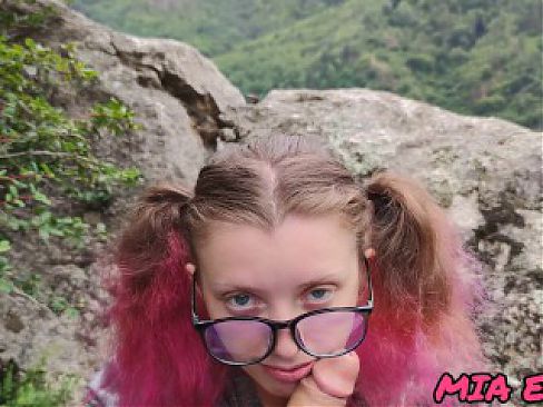 blowjob in the mountains from a girl in glasses with pink hair cum on glasses and face