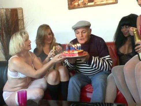 The grandfather celebrates with four beautiful sluts who get fucked as he wants